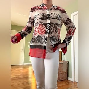 100% silk button down red white and black blouse see through silk top size P